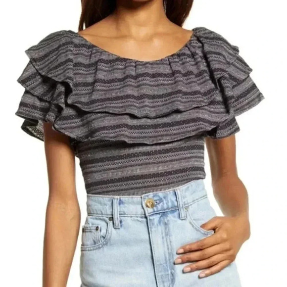 Free People Heirloom Striped Ruffle Top Off the Shoulder - Picture 1 of 9